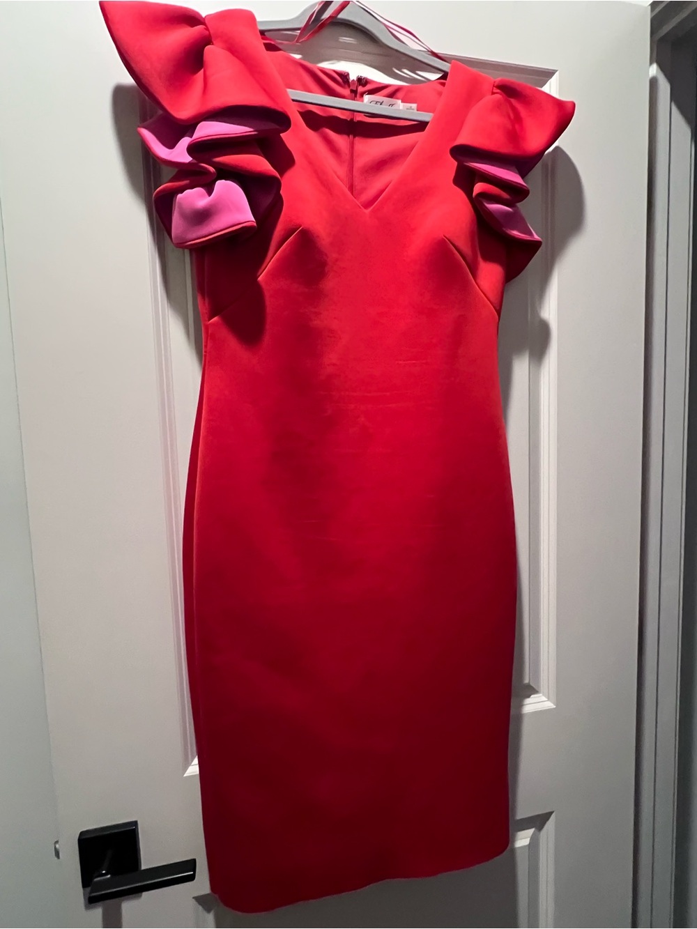 Eliza J Red Midi Sheath Dress with Pink-Trim Ruffled Shoulders
